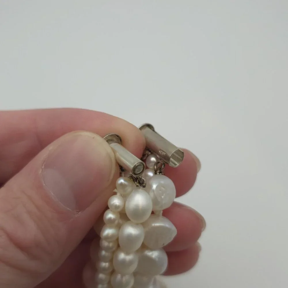 19 Inch Sterling Silver Triple Strand Genuine Pearls Necklace B212 - Picture 6 of 8